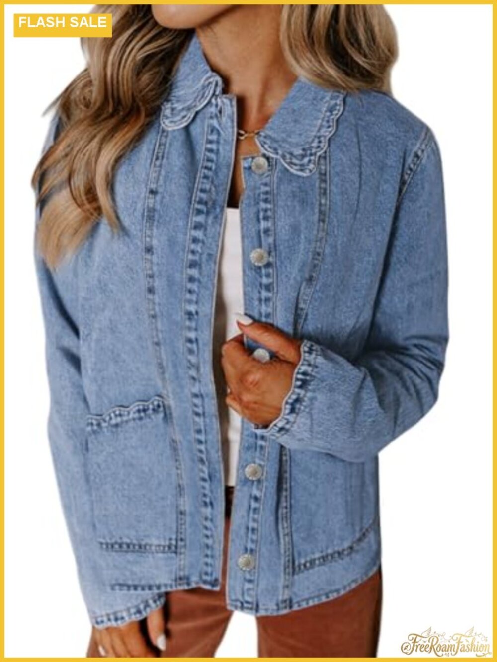 Sidefeel Women's Ruffled Denim Jacket Long Sleeve Shacket Button Down